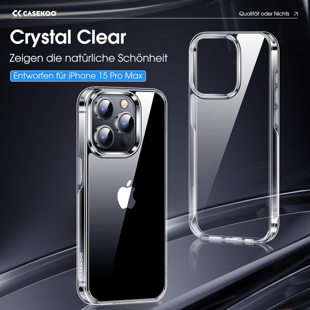 CASEKOO Crystal Clear für iPhone 15 Pro Max Hülle, [Nie Vergilbung] [Unzerstörbarer Militärschutz] S