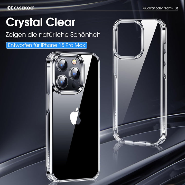 CASEKOO Crystal Clear für iPhone 15 Pro Max Hülle, [Nie Vergilbung] [Unzerstörbarer Militärschutz] S