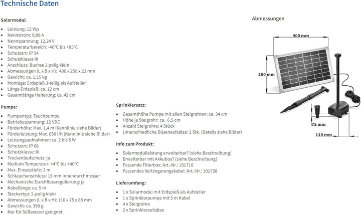 Solar Teichpumpe 12 Watt Solarmodul 650 l/h Förderleistung 1,4 m Förderhöhe esotec Professional Prod