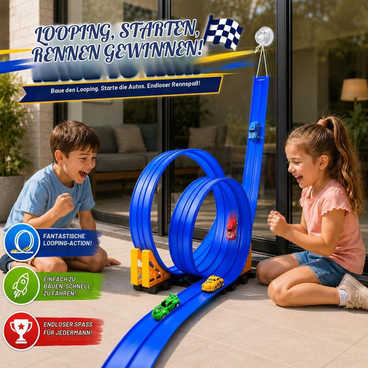 BunnyJOY Flexible Autorennbahn für Kinder mit 4 Rückziehautos, 2 Looping Rennbahn, Rampen Schwerkraf