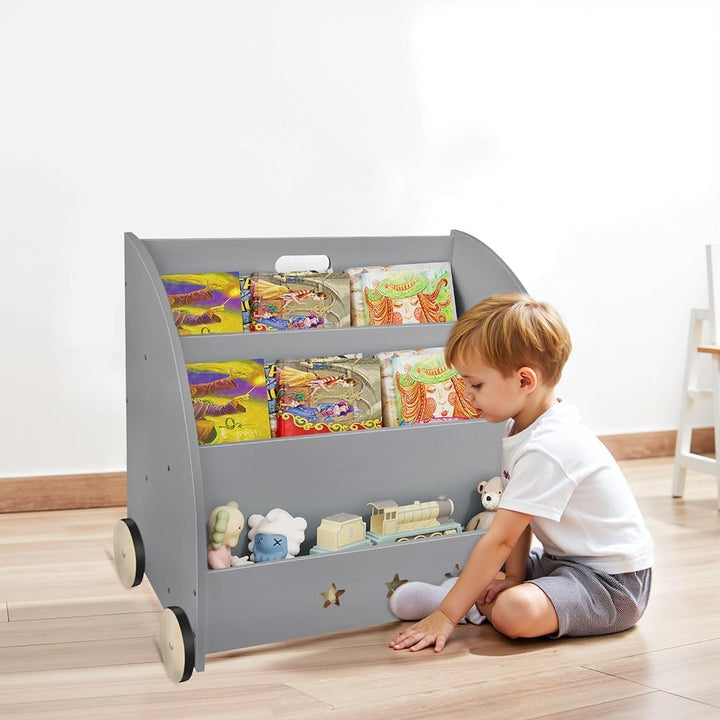 OHMG Bücherregal für Kinder, mit Rädern, Regal für Bücher und Spielzeug, Aufbewahrung mit 3 Fächern
