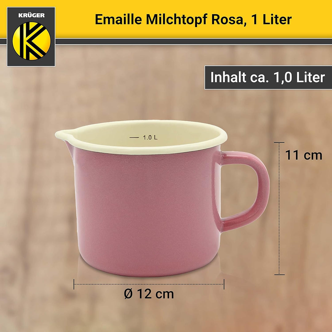 Krüger Emaille-Milchtopf Rosa 12cm, 1 Liter - Topf mit Vollkontaktboden für energiesparendes Kochen