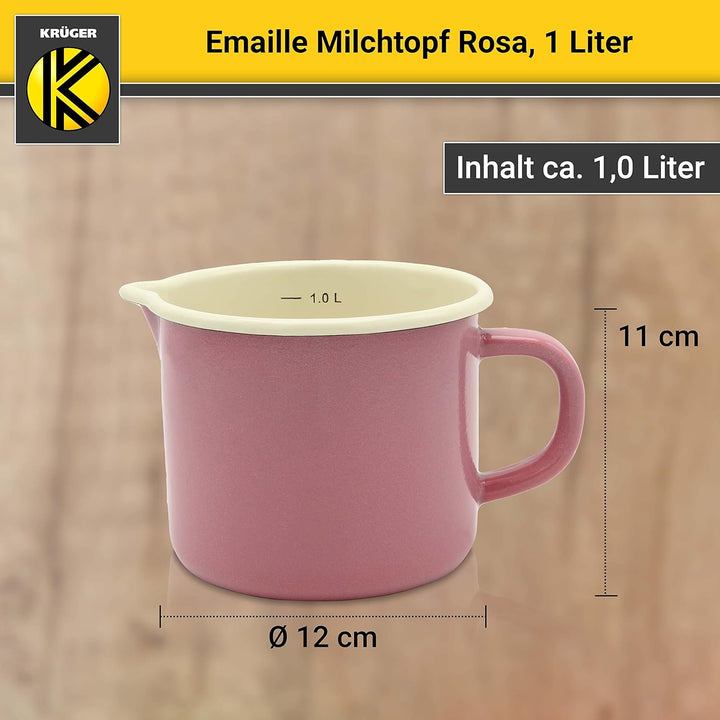 Krüger Emaille-Milchtopf Rosa 12cm, 1 Liter - Topf mit Vollkontaktboden für energiesparendes Kochen
