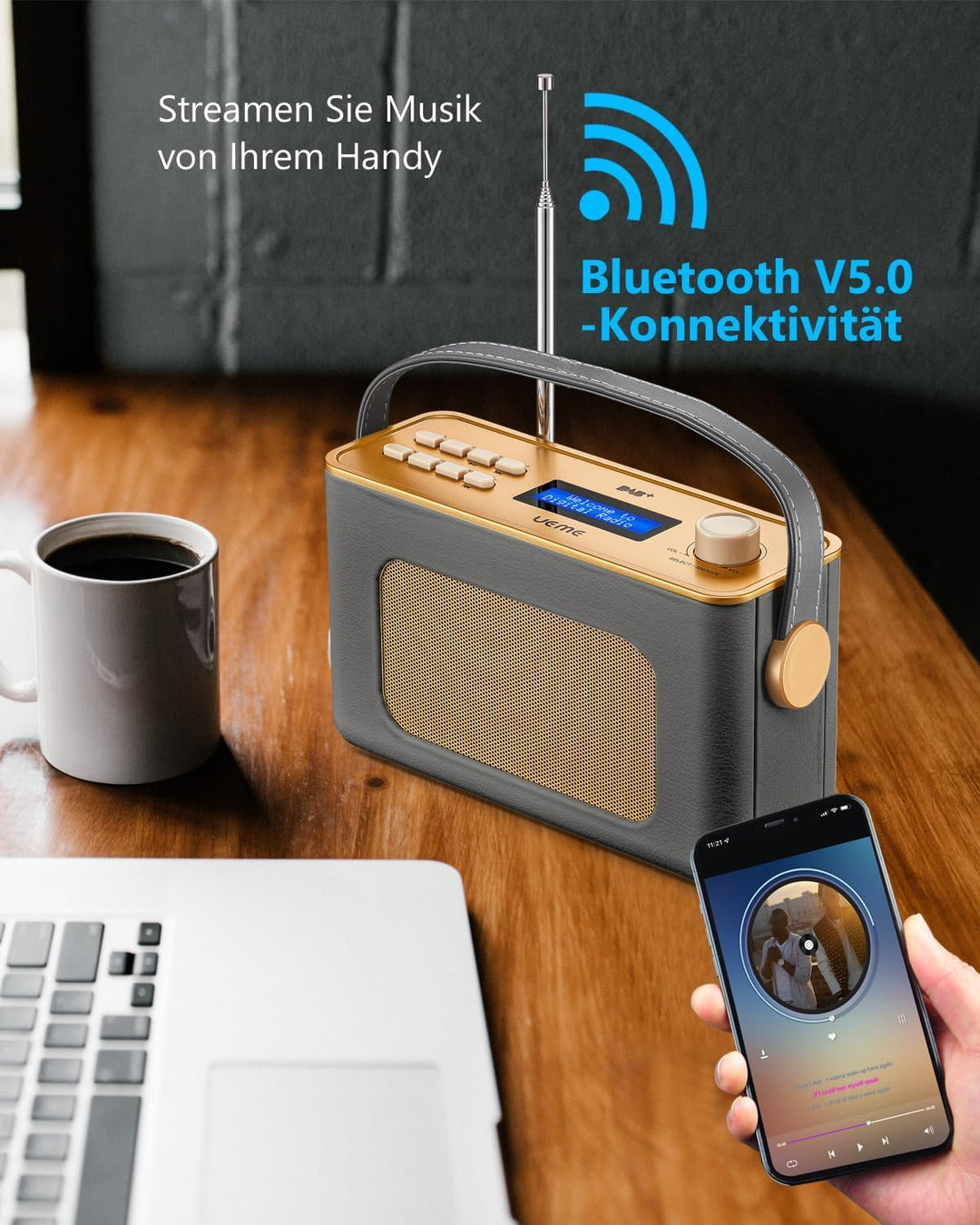 Tragbarer Retro Design DAB Plus/FM Radio, Bluetooth Lautsprecher DAB + Radio mit Wiederaufladbarer L