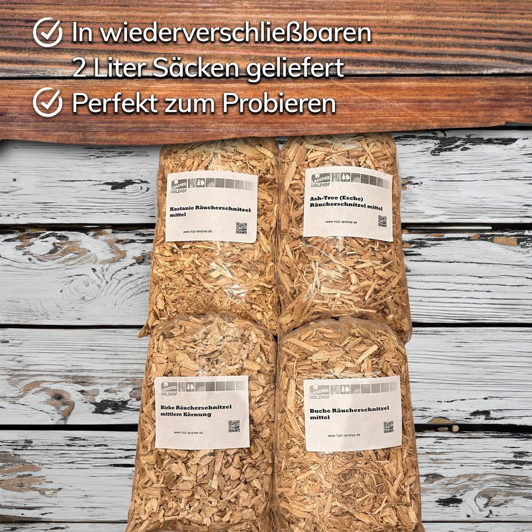Landree® Starter-Set Räucherschnitzel Geflügel & Fisch – 4x2L Esche, Kastanie, Birke, Buche – BBQ Rä