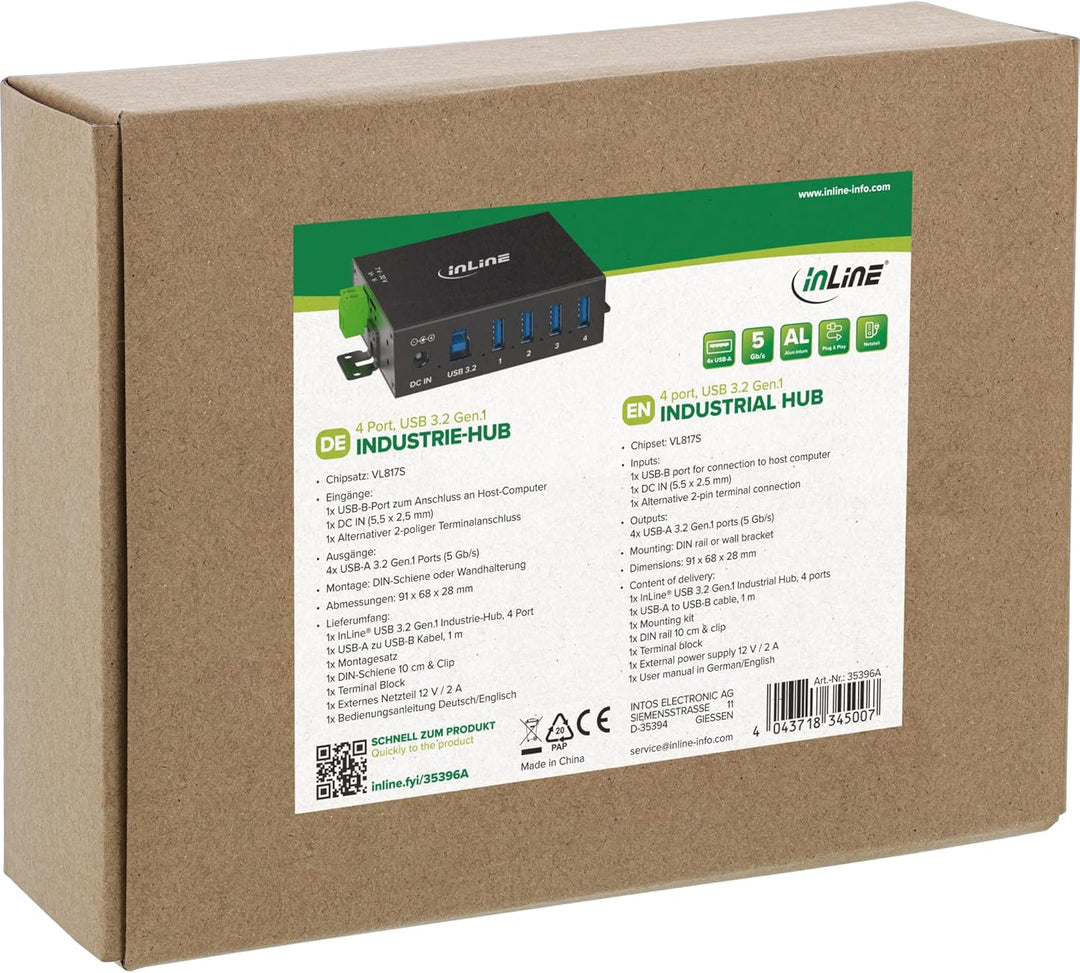 Inline USB 3.2 Gen.1 Industrie-Hub mit 4 Ports, Aluminiumgehäuse, DIN-Schienen-Montage, aktiver USB-