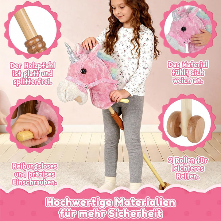 IEEILULU Hobby Horse, Steckenpferd Kinder Rosa, Holzpferd für Draussen mit Hobby Horse Trense, Räder