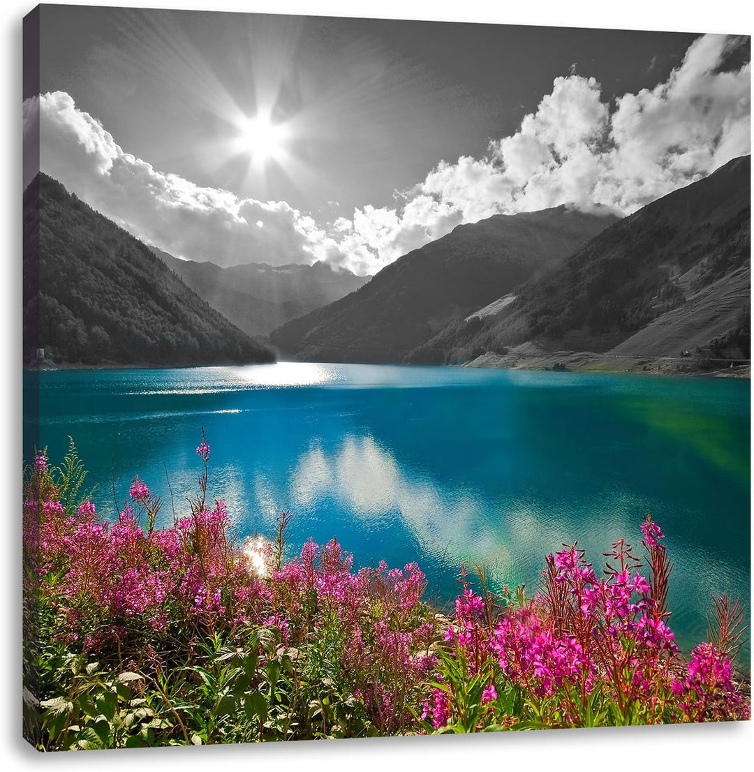 Pixxprint Blumenwiese See als Leinwandbild/Grösse: 70x70 cm/Wandbild/Kunstdruck/fertig bespannt, 70x