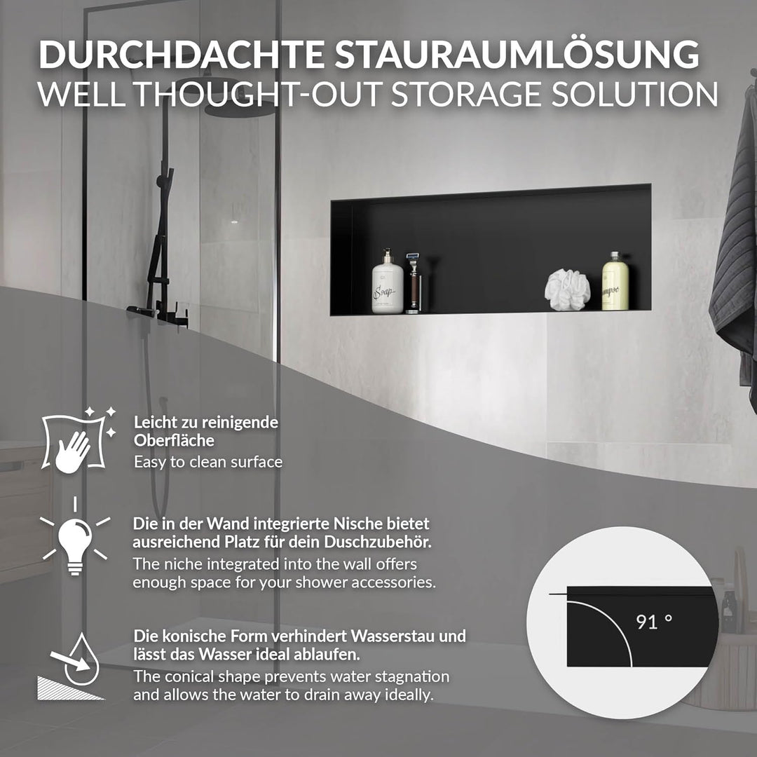 LuxeBath Wandnische aus Edelstahl, 90x30x10 cm, Schwarz, Duschnische, Randlos, Einbauregal, Flexible