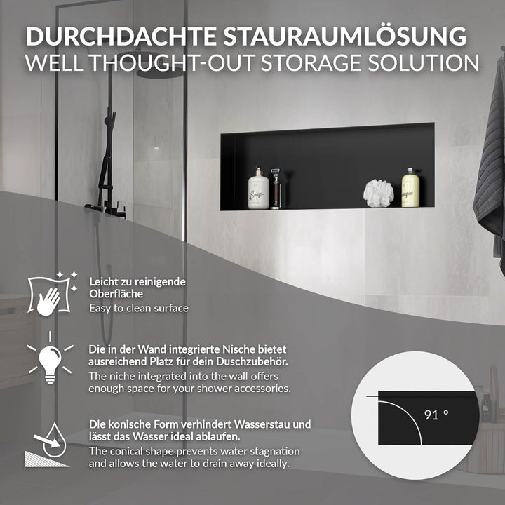 LuxeBath Wandnische aus Edelstahl, 90x30x10 cm, Schwarz, Duschnische, Randlos, Einbauregal, Flexible