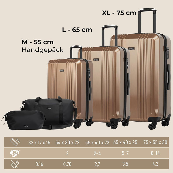 FERGÉ Polycarbonat 5-teilig Koffer Set 77cm, 67cm, Handgepäck Koffer mit Reisetasche Kombi, sehr rob