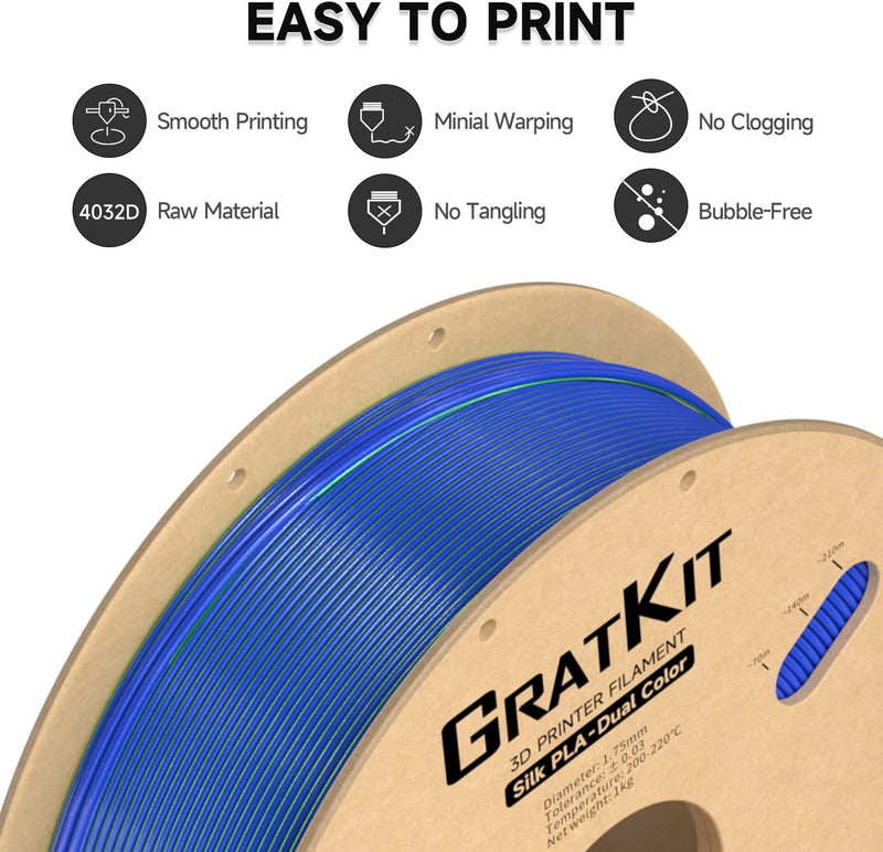 GratKit Silk Dual Color Filament PLA 1.75mm, -0.03mm, Coextrusion PLA Filament, 3D Drucker Filament,