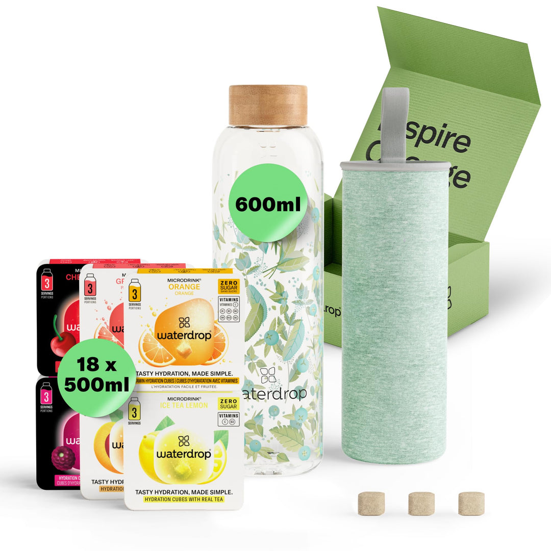 waterdrop® Starter Set Glass – Trinkflasche – 18 zuckerfrei Getränkewürfel zum Auflösen – 6 fruchtig
