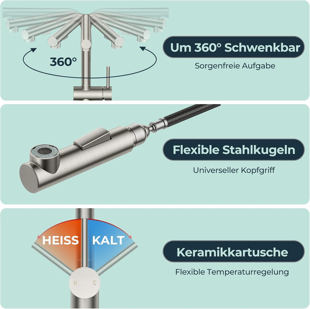 FORIOUS Küchenarmatur, Wasserhahn Armatur Küche Ausziehbar Brause Edelstahl, Einhebel Mischbatterie