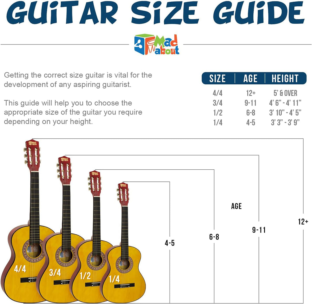 Mad About CLG1-12-PACK Set Klassische Spanische Gitarre, 1/2 Grösse, für Kinder - jetzt mit kostenlo
