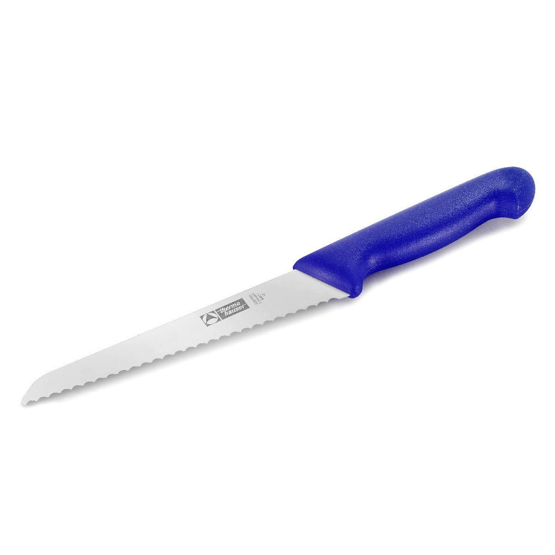 thermohauser Backblechmesser aus Klingenstahl, einseitiger Wellenschliff, mit blauem Kunststoffgriff