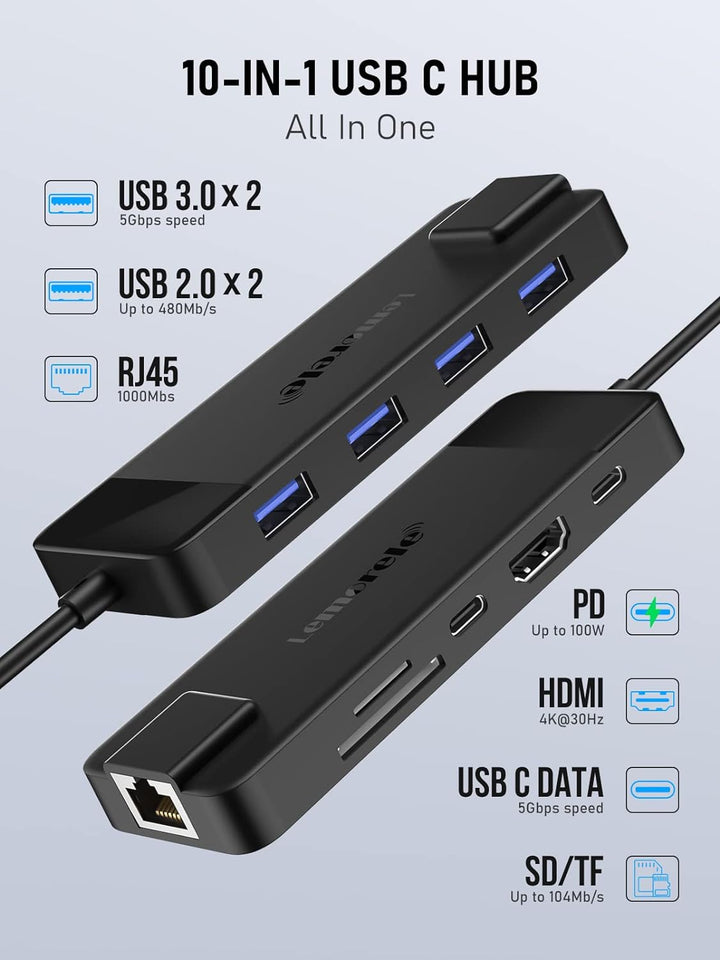USB C HUB, Lemorele Docking Station 10-in-1 USB C Adapter mit 4K-HDMI, 4 USB 3.0/2.0, Gigabit Ethern