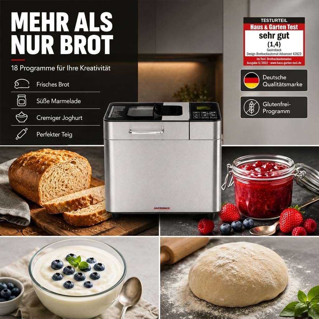 Gastroback 42823 Design Brotbackautomat Advanced, Edelstahl Brotbackmaschine 18 Programme, automatis