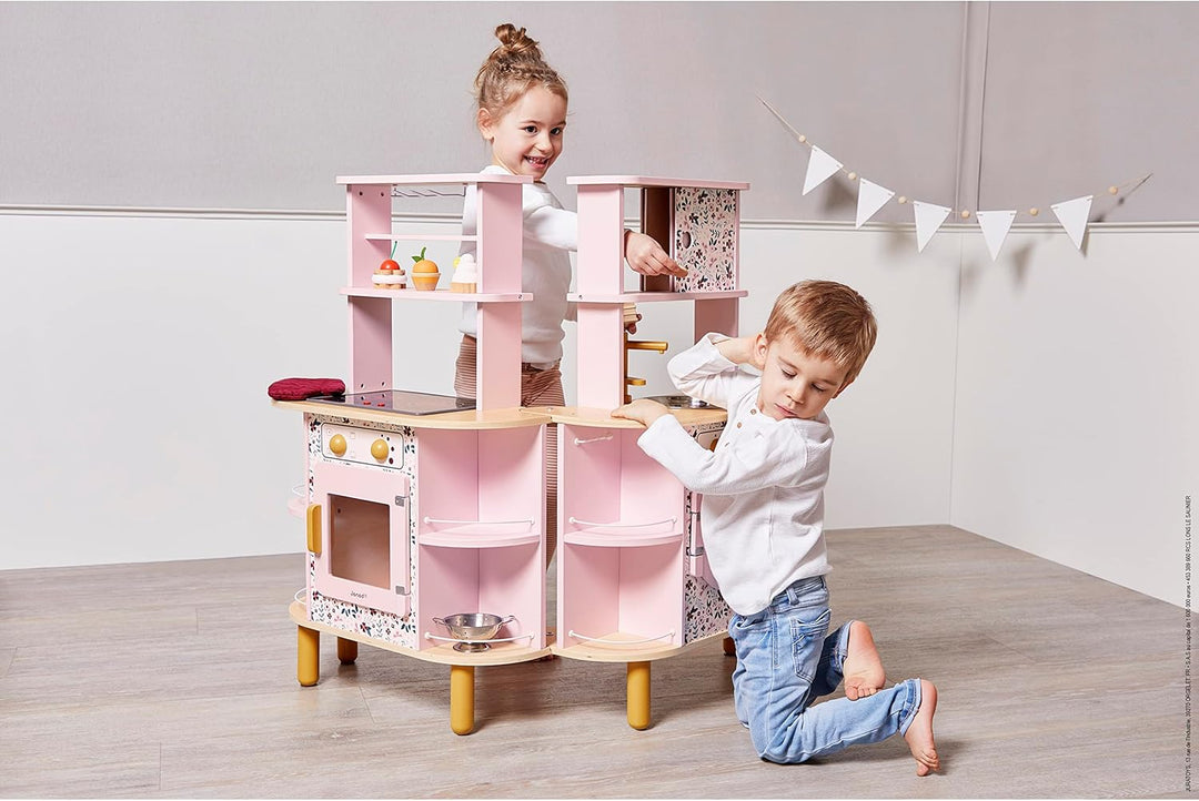 Janod - Twist Kinderküche aus Holz - Doppelseitige Küche - Mit 8 Utensilien - Ofen, Drehknöpfe, Koch