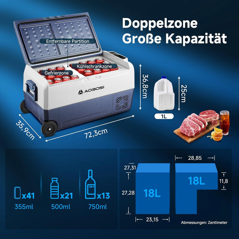 AAOBOSI Kompressor Kühlbox 36L, Kühlbox Auto Mit WiFi-APP-Steuerung, 12/24V und 100-240V Kühlbox Ele