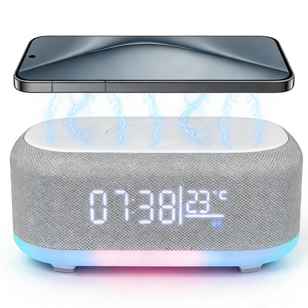 GBKDQQ Digitaler Radiowecker mit Kabelloser Ladestation, 15W Fast Wireless Charger, Bluetooth Wecker
