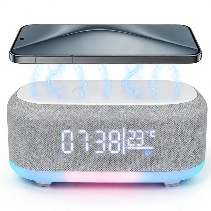 GBKDQQ Digitaler Radiowecker mit Kabelloser Ladestation, 15W Fast Wireless Charger, Bluetooth Wecker