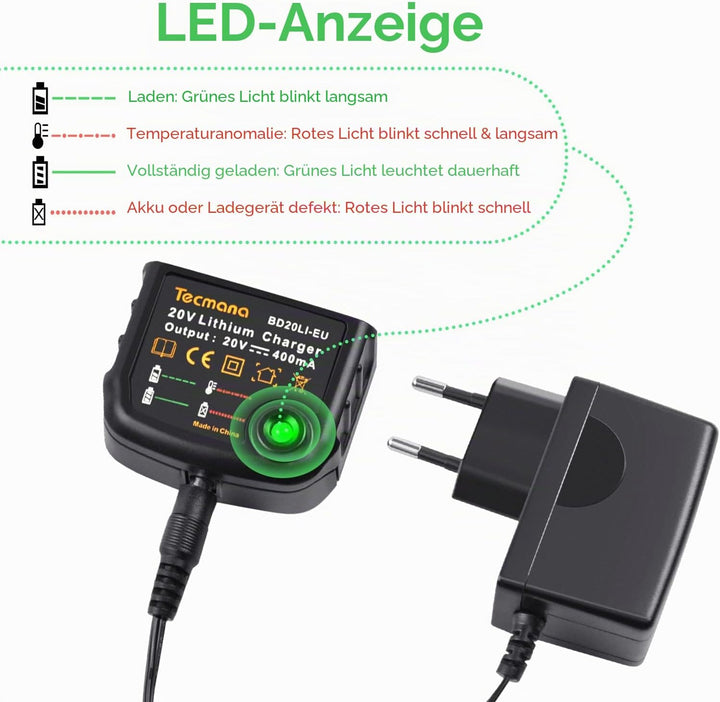 Ladegerät 18V/20V Lithium, Kompatibel mit Black&Decker Lithium-Akku 18V/20V BL2018 LBXR20 LBXR20-OPE