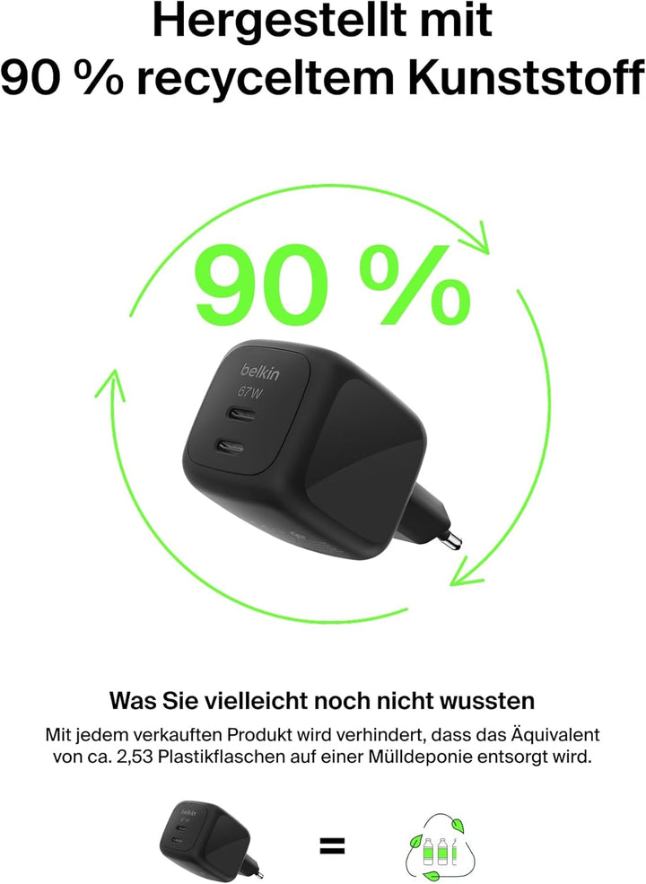 Belkin SmartProtect 2-Port USB C Ladegerät, 67W, GaN-Ladegerät, 2X USB-C, Schnellladen für Geräte wi