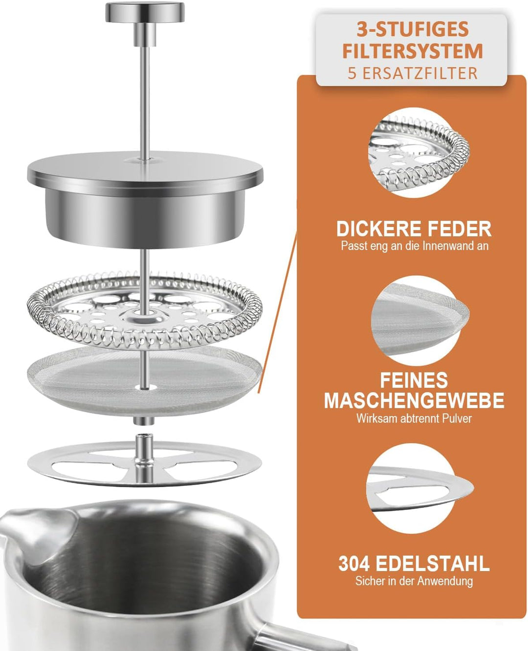 French Press Kaffeebereiter Edelstahl 350 ml/2Tassen, French Press Thermo, doppelwandig isoliert - 0