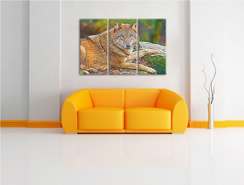 stolzer Wolf auf Stein Spezial 3-Teiler Leinwandbild 120x80 Bild auf Leinwand, XXL riesige Bilder fe
