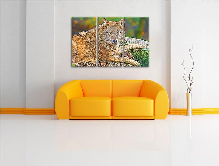 stolzer Wolf auf Stein Spezial 3-Teiler Leinwandbild 120x80 Bild auf Leinwand, XXL riesige Bilder fe
