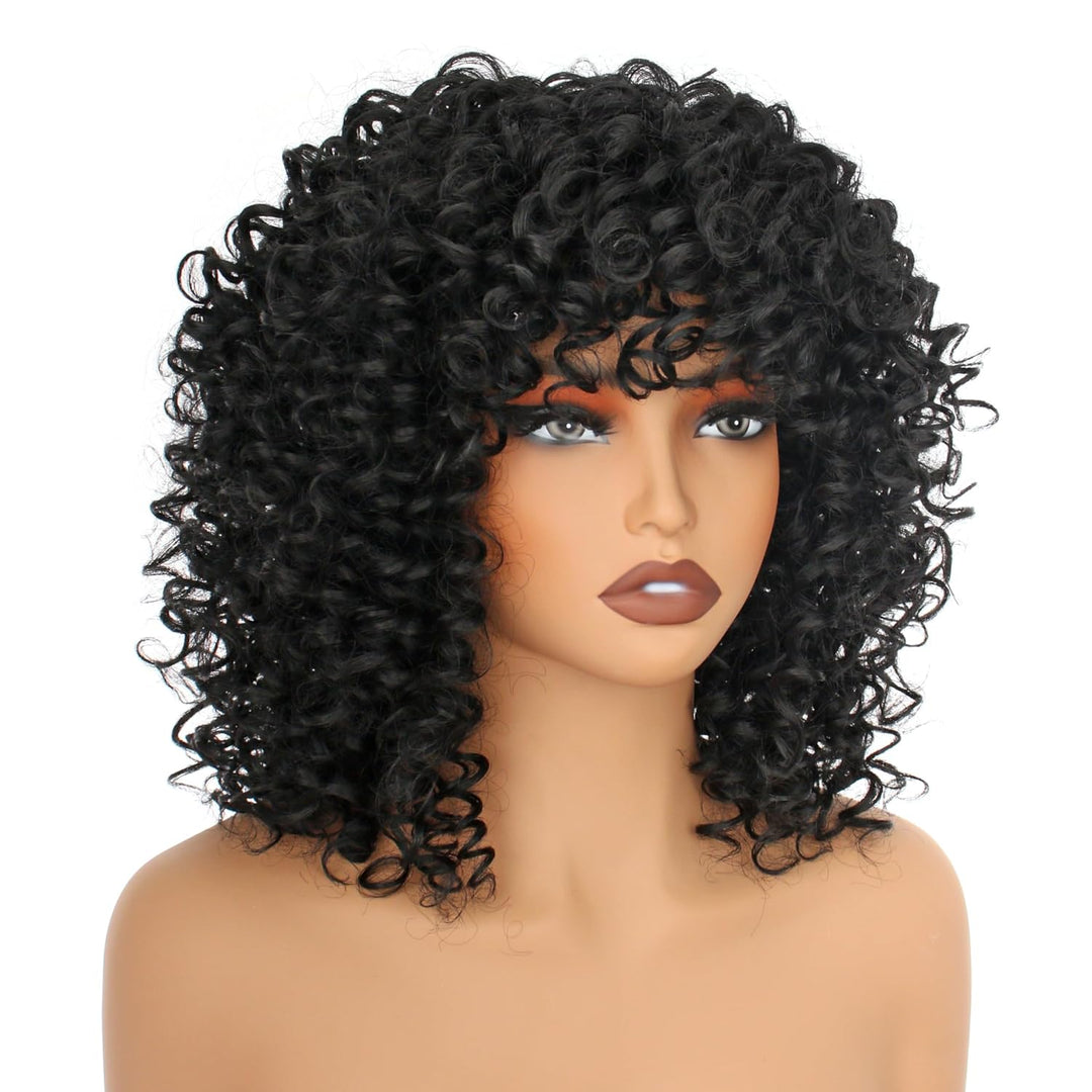 PORSMEER Lockige Afro Perücke Damen Volle flauschig Haar Kinky Curly Bob Black Wig volume mit Pony f