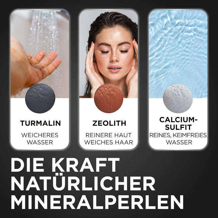 LOBENSWERK Duschkopf Schwarz Matt [3 Funktionen] mit natürlichen Mineralperlen für reines Wasser &amp; H