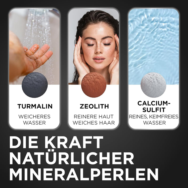 LOBENSWERK Duschkopf Schwarz Matt [3 Funktionen] mit natürlichen Mineralperlen für reines Wasser & H