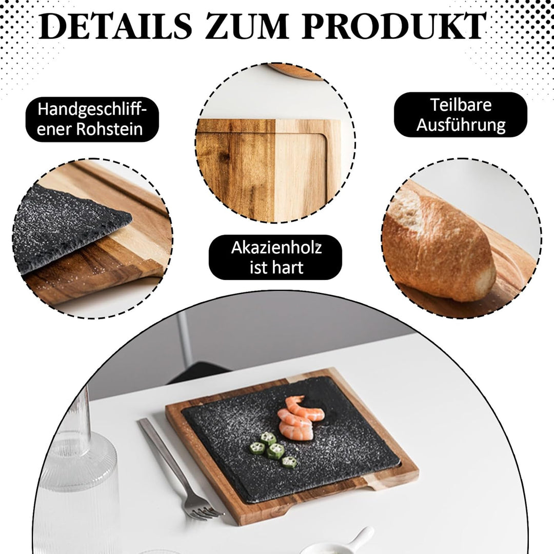 Schieferplatte Servierplatte, Für Steak und Grill Geschirr, Käsebrett aus Akazien-Holz und Natürlich