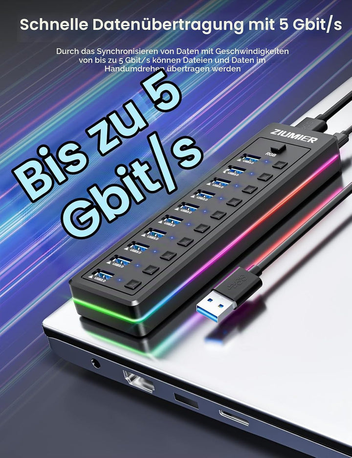 Powered USB Hub, 10-Port USB 3.0 Hub mit RGB LED Strip -5Gbps Datenübertragung, individuelle LED On/