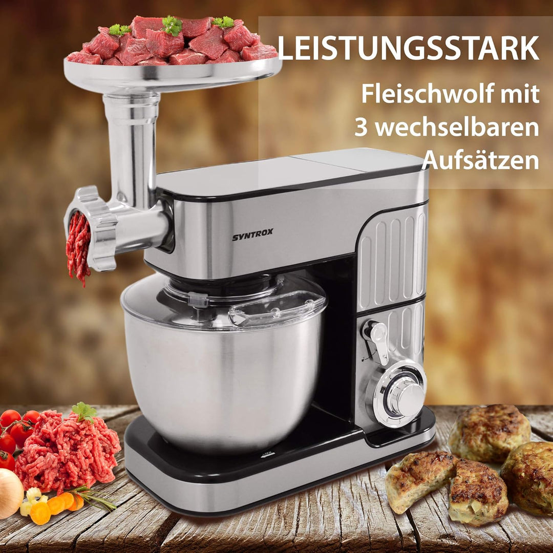 Syntrox Germany leistungsstarke Küchenmaschine Knetmaschine Mixer mit Fleischwolf in zeitlosem Desig