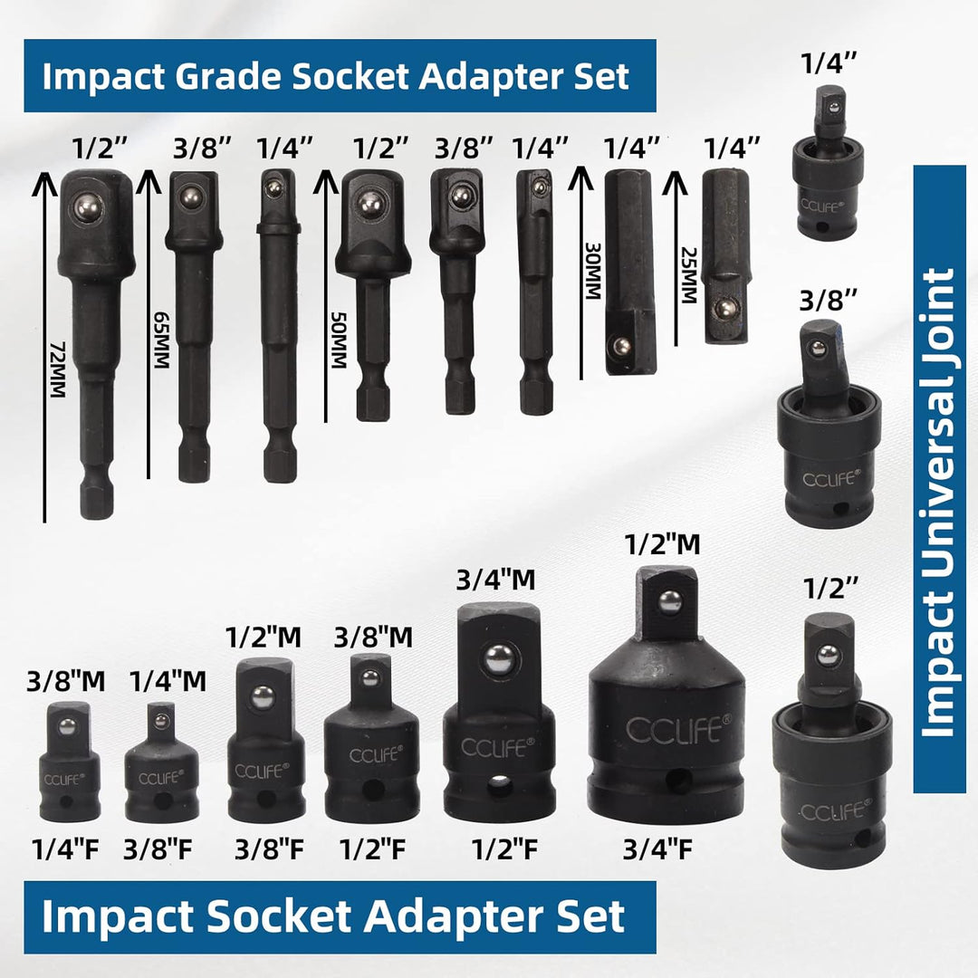 CCLIFE 17tlg Stecknuss Adapter für Schlagschrauber 1/4' 3/8' 1/2' 3/4' Bit Nuss & Kardangelenk | Cr-
