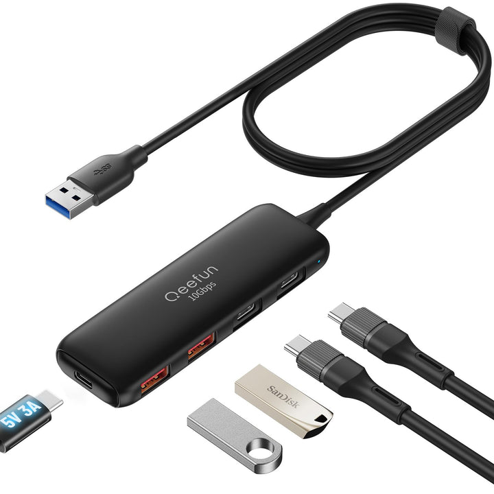 Qeefun 10Gbps USB Hub, 3.2 USB Hub mit 2 USB-C und 2 USB-A, USB 3.2 GEN 2 Splitter mit Type-C Power
