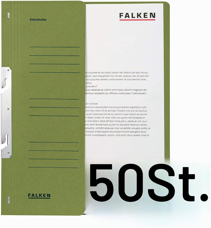 Original Falken 50er Pack Einhakhefter. Made in Germany. Aus Recycling-Karton mit halbem Vorderdecke