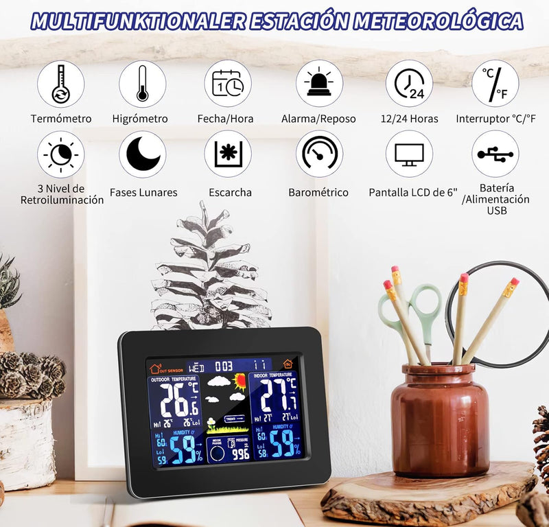 ALLOMN Kabellose Wetterstation, Farbdisplay LCD Digitale Wetterstation mit Sensor, Wecker, Temperatu