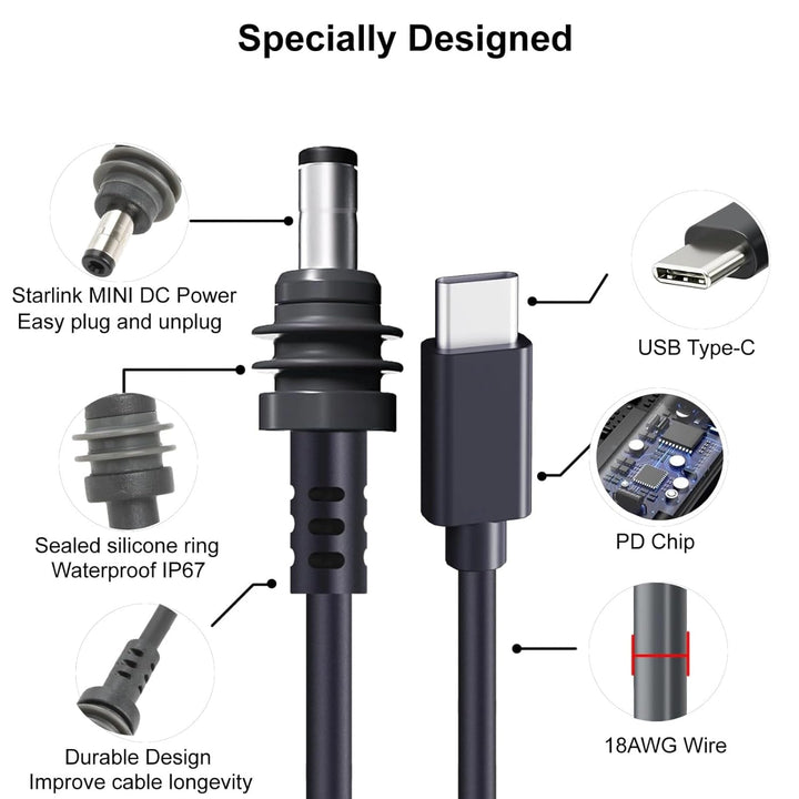 Starlink USB C zu DC Netz Kabel, Typ C Eingang zu DC 20V 5A Barrel Jack Kabel 18AWG IP68 Wasserdicht