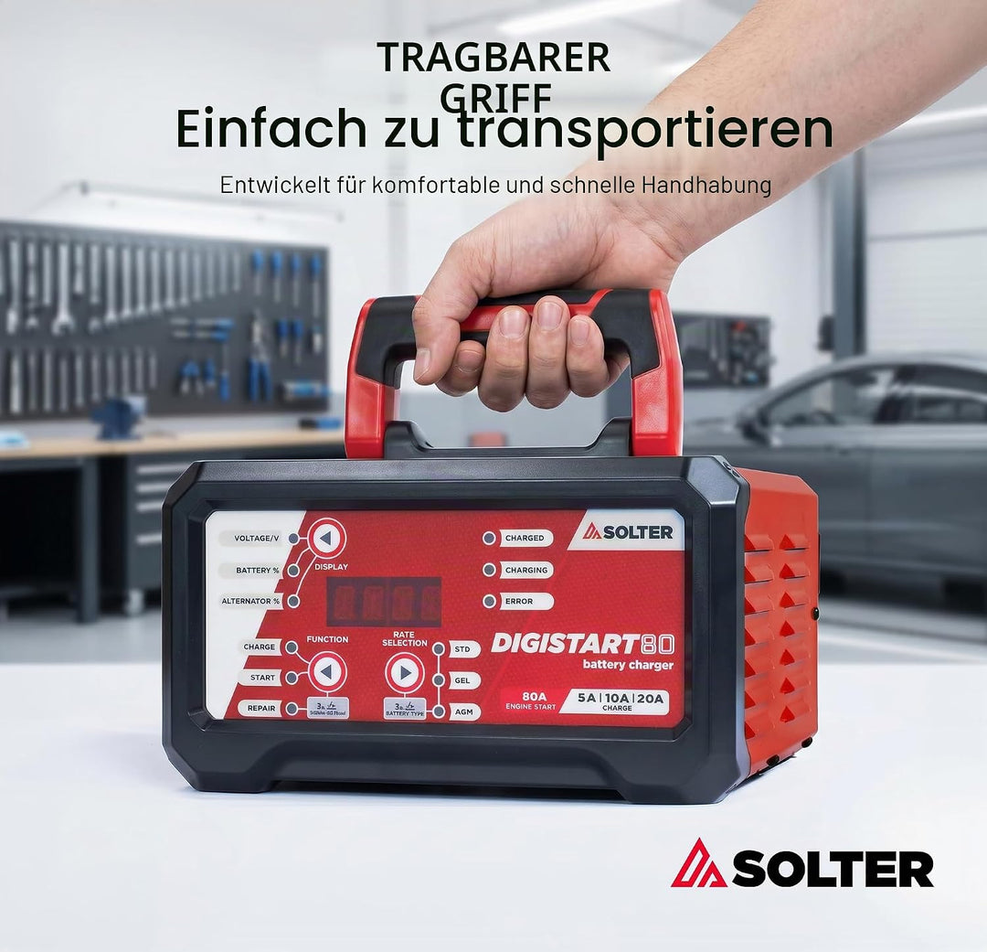 Solter Digistart 80 – Professionelles Ladegerät und Starthilfe, 12/24 V, 10 Stufen, 80 A, Reparaturm