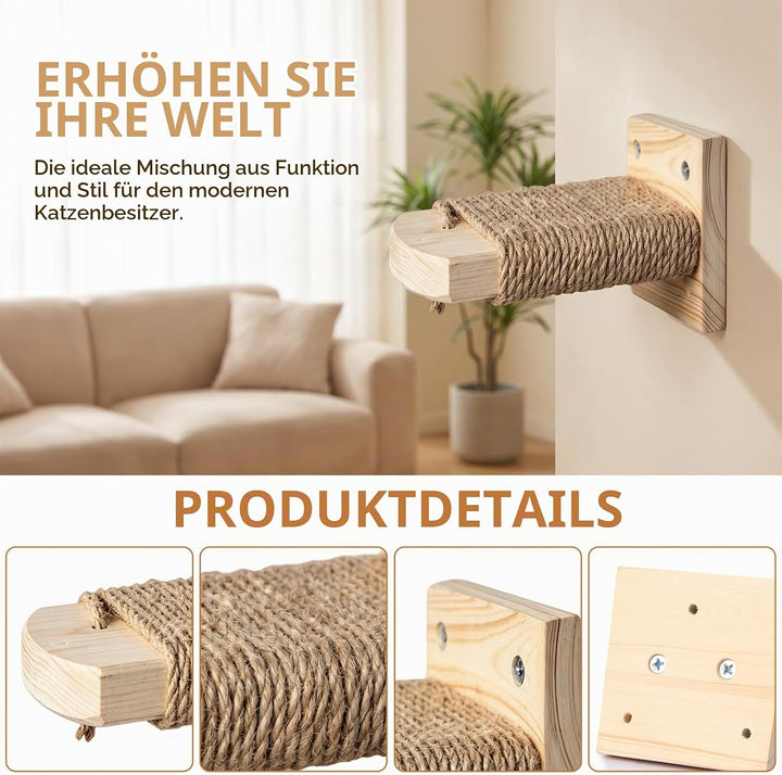 Katzentreppe Wand 4pcs 20CM Lang Natur Holz mit Juteseil Tragfähigkeit 35kg | DIY Kletterwand Katzen