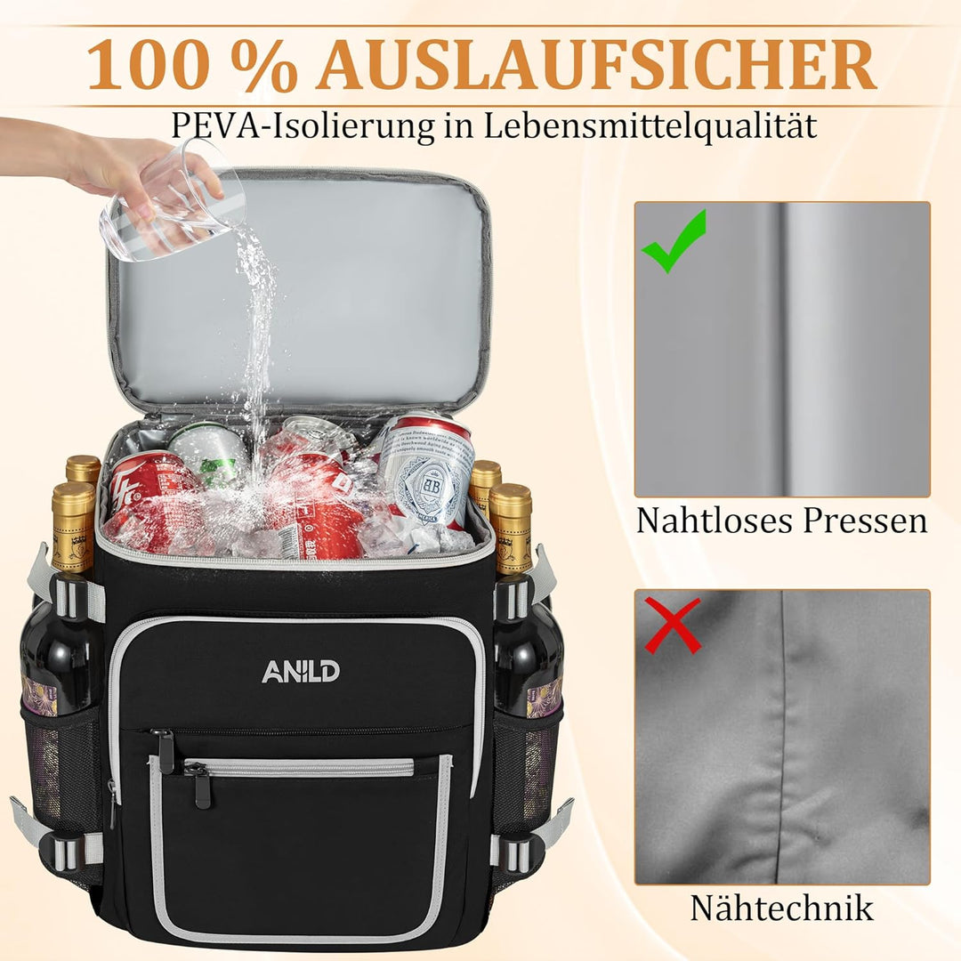 40 Dosen Isolierter Kühlrucksack 30L, Thermo Rucksack Gross, Auslaufsichere wasserdichte Picknickruc