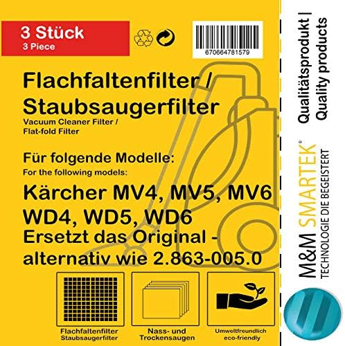 3x Flachfaltenfilter für Kärcher Mehrzwecksauger und Nass-/ Trockensauger MV4 + MV5 + MV6 + WD4 + WD