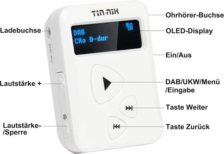 Tin- Nik DAB-398WS tragbares DAB/DAB+/UKW-Radio, digitales Taschen-RDS UKW-Mini-Radio mit wiederaufl