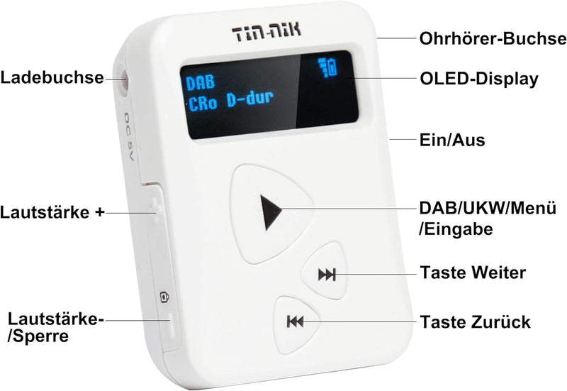 Tin- Nik DAB-398WS tragbares DAB/DAB+/UKW-Radio, digitales Taschen-RDS UKW-Mini-Radio mit wiederaufl