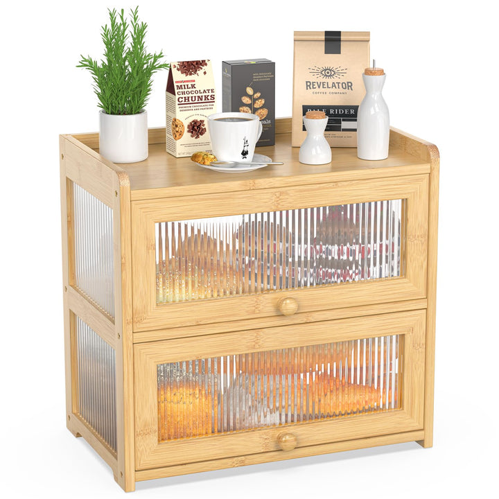BAMBANG Extragross Bambus Brotkasten für Küchentheke, 2 Stufe Bauernhaus Brotbox, Holz Brotkasten Br