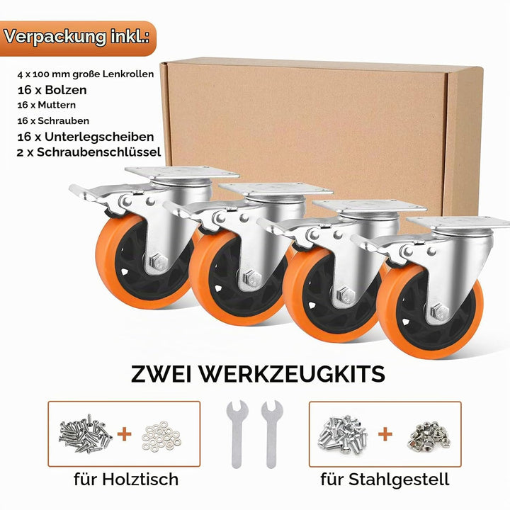 BAOLIHUI 4er Set Lenkrollen für Möbel 100MM Möbelrollen mit Bremse 600KG Schwerlastrollen Rollen für